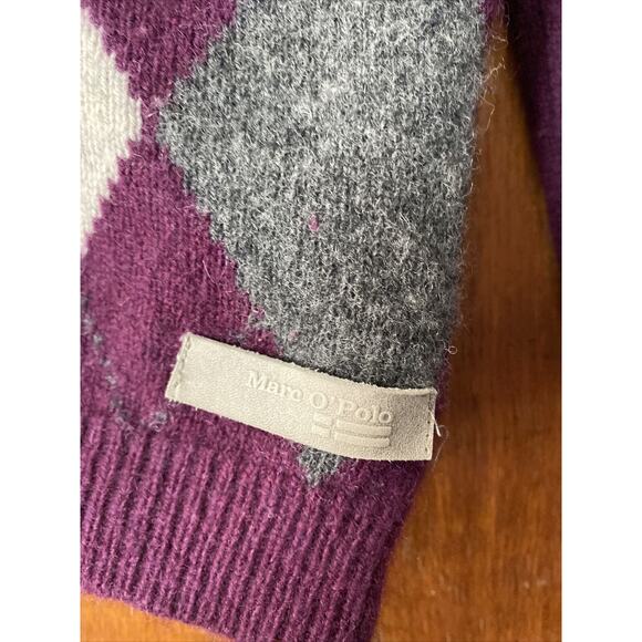 Marc O'Polo Core Lambswool V-Neck Pullover Sweater Burgundy Argyle Style Gray - Picture 4 of 9